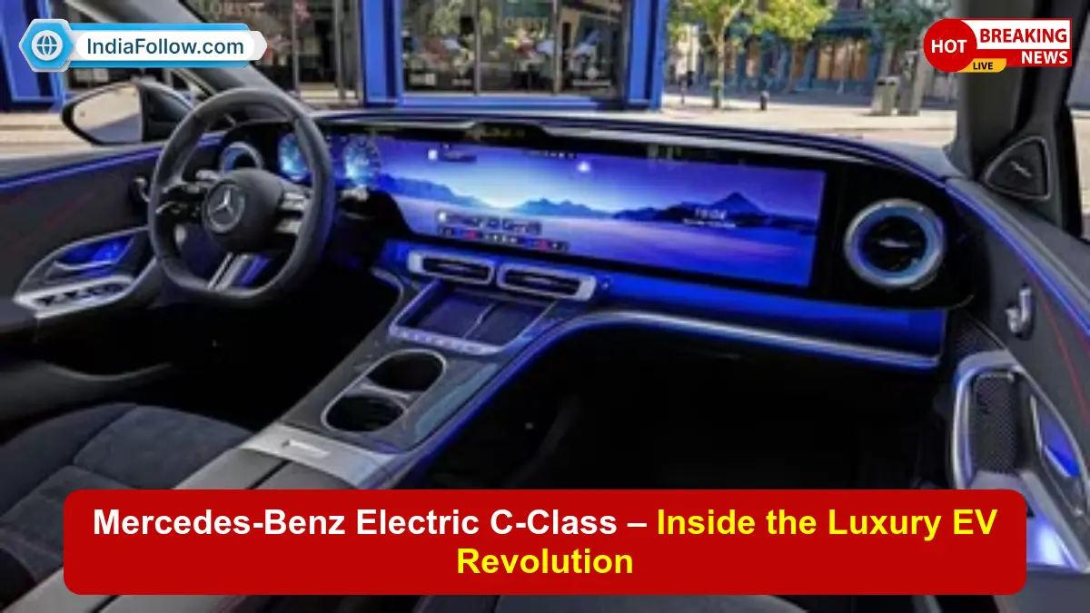 Mercedes-Benz electric C-Class, luxury EV interior, MBUX hyper screen, panoramic glass roof, vegan certified interior, EV comfort features, electric C-Class launch